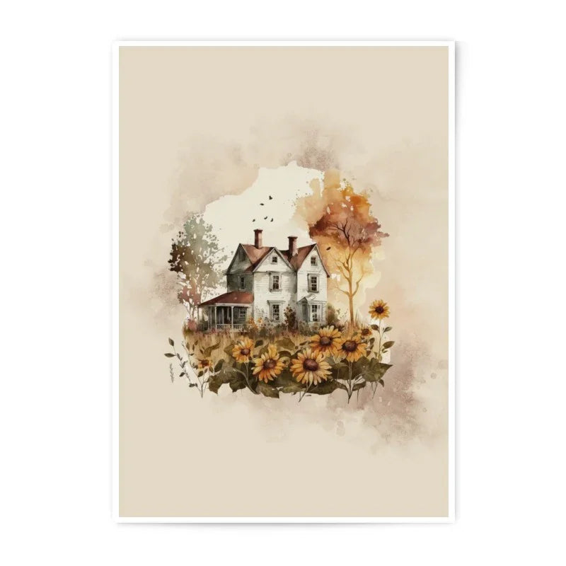 Watercolor House Photographic Print, Sunflower Art, Farmhouse Style Print, Country Home Decor, Autumn Landscape, Printable Wall Art - Tawshia