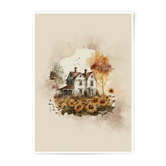 Watercolor House Photographic Print, Sunflower Art, Farmhouse Style Print, Country Home Decor, Autumn Landscape, Printable Wall Art - Tawshia