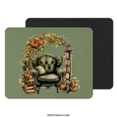 Green Armchair Mouse Pad, Fall Home Decor, Pumpkin Art Desk Mat, Cozy Library Mousepad, Aesthetic Desk Accessories, Book Lover Gift - Tawshia