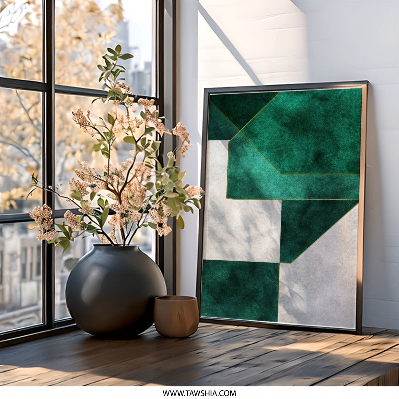 Emerald Green Geometric Wall Art, Abstract Art Print, Minimalist Design, Home Decor, Modern Art, Geometric Decor, Framed Art, Wall Hanging - Tawshia