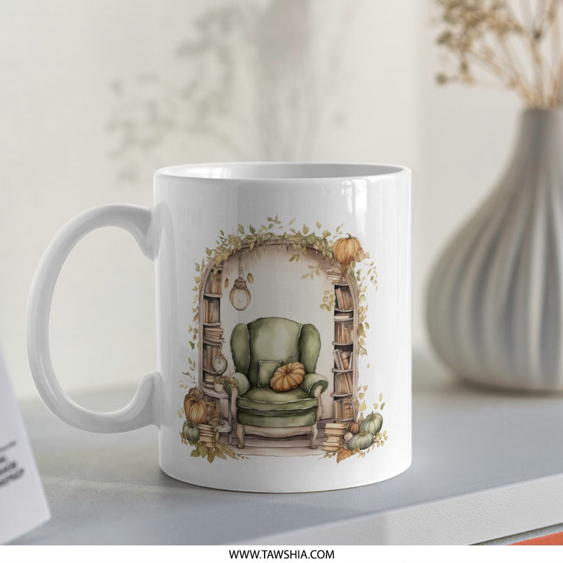 Cozy Fall Reading Nook Mug, Autumn Book Lover Gift, Pumpkin Spice Season Mug, Home Decor Mug, Library Mug, Relaxing Scene Coffee Mug - Tawshia