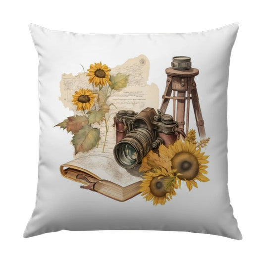 Vintage Camera Pillow, Sunflower Decor Pillow, Photographer Gift, Book Lover Gift, Unique Decorative Pillow, Home Decor Pillows - Tawshia