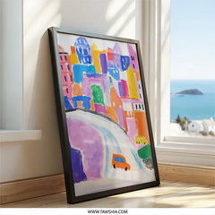 Colorful Cityscape Wall Art, Abstract Town Painting Print, Whimsical Car Scene, Modern Home Decor, Playful Wall Art - Tawshia