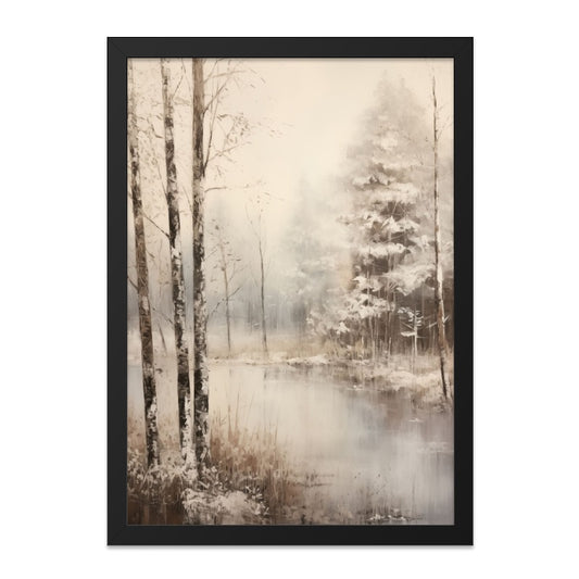 Winter Forest Wall Art, Snowy Landscape Print, Birch Trees Painting, Lake Scene Decor, Rustic Home Art, Nature Wall Decor, Winter Art - Tawshia