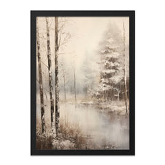 Winter Forest Wall Art, Snowy Landscape Print, Birch Trees Painting, Lake Scene Decor, Rustic Home Art, Nature Wall Decor, Winter Art - Tawshia