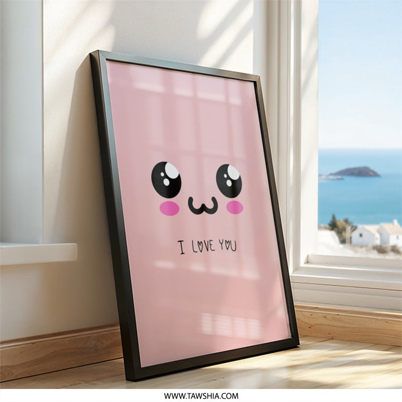 Kawaii Face Wall Art, I Love You Print, Cute Anime Style, Pink Wall Decor, Nursery Art, Kids Room, Modern Art Print, Minimalist - Tawshia