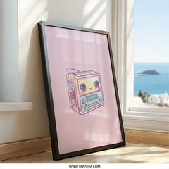 Cute Cassette Player Wall Art, Kawaii Decor Print, Pastel Pink Wall Decor, Retro 80s Music Gift, Aesthetic Room Decor, Music Lover Gift - Tawshia