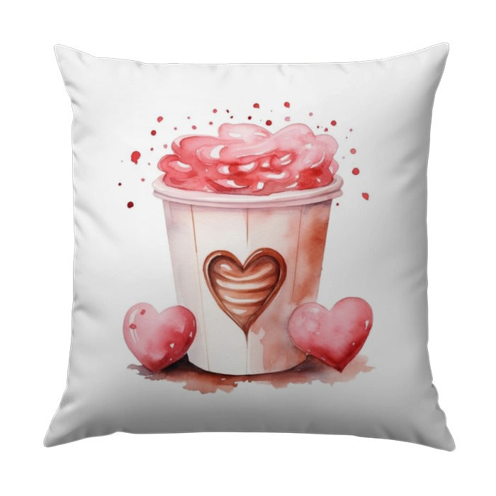 Watercolor Heart Drink Pillow, Romantic Valentine Cushion, Coffee Lover Decor, Whimsical Accent Throw Pillow, Cute Pink Beverage Pillow - Tawshia