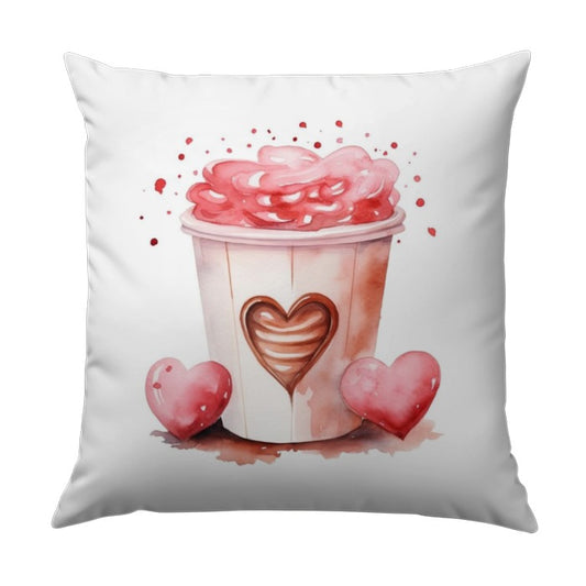 Watercolor Heart Drink Pillow, Romantic Valentine Cushion, Coffee Lover Decor, Whimsical Accent Throw Pillow, Cute Pink Beverage Pillow - Tawshia