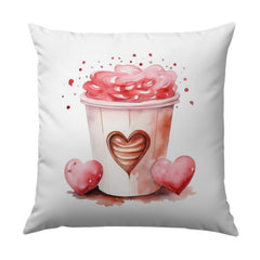 Watercolor Heart Drink Pillow, Romantic Valentine Cushion, Coffee Lover Decor, Whimsical Accent Throw Pillow, Cute Pink Beverage Pillow - Tawshia