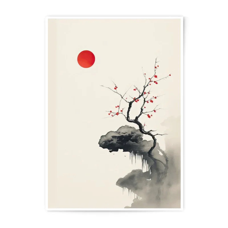 Japanese Art Photographic Print, Sumi e Ink Art, Red Sun Decor, Minimalist Tree Art, Zen Art Print, Nature Wall Art, Oriental Art, Gift Idea - Tawshia