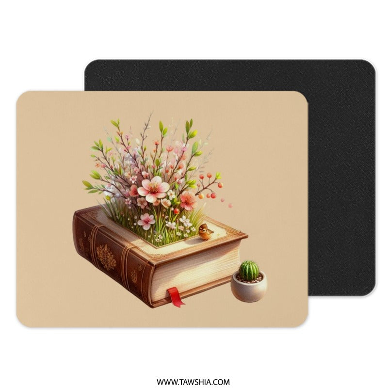Book Garden Mouse Pad, Floral Mousepad, Book Lover Gift, Office Decor, Cute Mouse Pad, Bird and Flowers, Desk Accessory - Tawshia