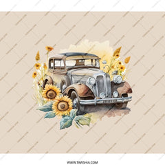 Vintage Car Backpack, Sunflower Backpack, Antique Car Art, Stylish Backpack, Backpack for Her, Backpack for Him, School Backpack, Gift Idea - Tawshia