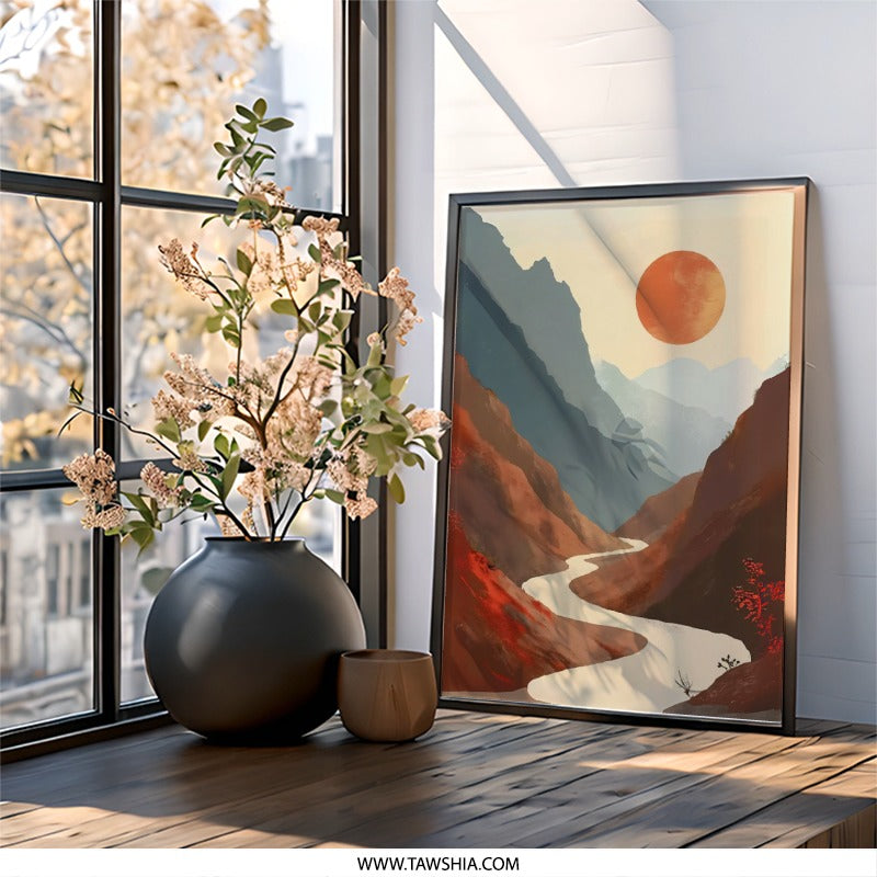 Mountain River Wall Art, Landscape Art Print, Minimalist Scenery, Modern Home Decor, Nature Art, Serene Art Print, Abstract Wall Art - Tawshia