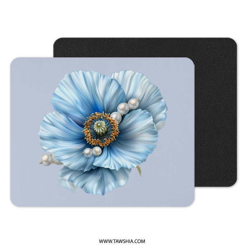 Blue Poppy Mouse Pad, Floral Mousepad, Elegant Pearl Flower Design, Office Decor, Computer Accessory, Desk Mat, Gift Idea - Tawshia