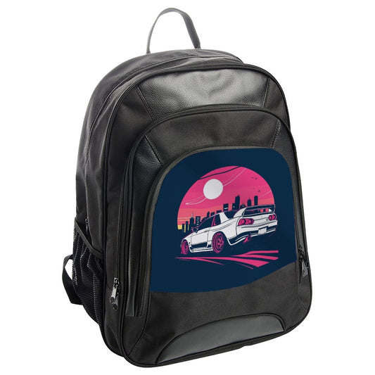 Skyline R34 BackPack, JDM Retro Car, Vaporwave Sunset, Cityscape Design, Unique Car Lover Gift, Cool Enthusiast Style BackPack - Tawshia