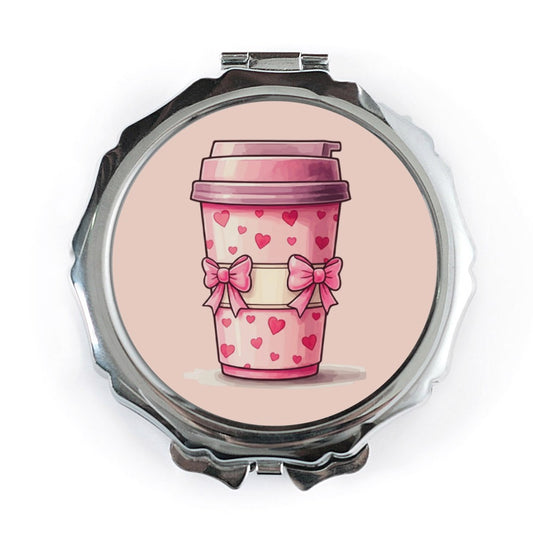 Pink Hearts Coffee Pocket Mirror, Cute Bows Design, Kawaii Style Mirror, Unique Travel Mirror, Aesthetic Purse Mirror, Gift for Her - Tawshia