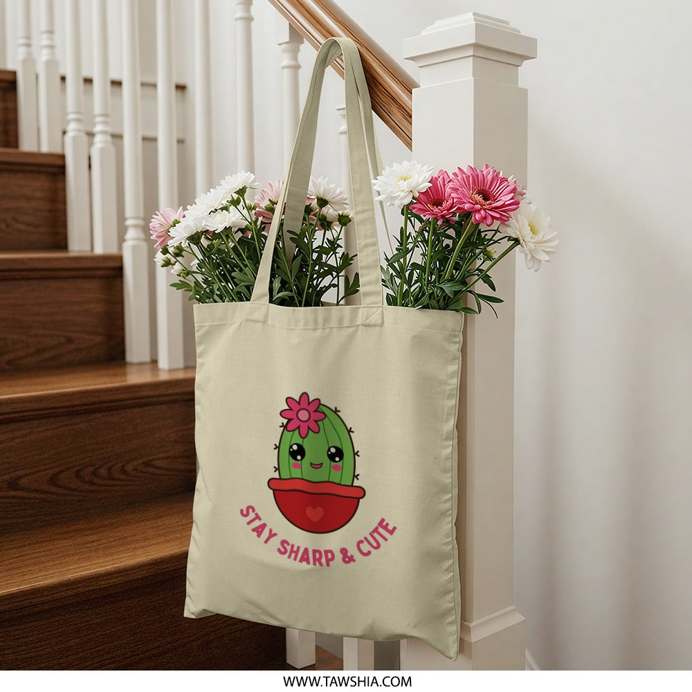 Cute Cactus Tote Bag, Stay Sharp Tote, Gift for Her, Kawaii Tote Bag, Plant Lover Tote, Funny Tote, Aesthetic Tote, Trendy Tote - Tawshia