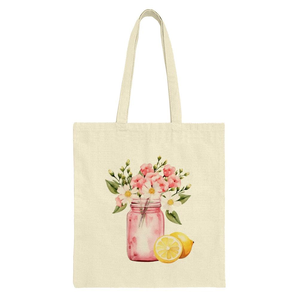 Lemon and Floral Tote Bag, Summer Tote, Pink Floral Jar Bag, Cute Grocery Bag, Gift For Her, Everyday Carry Bag, Trendy Shopping Bag - Tawshia