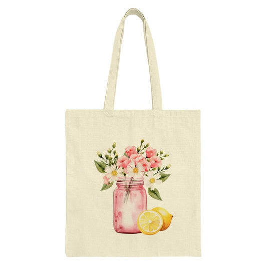 Lemon and Floral Tote Bag, Summer Tote, Pink Floral Jar Bag, Cute Grocery Bag, Gift For Her, Everyday Carry Bag, Trendy Shopping Bag - Tawshia