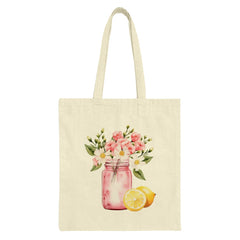 Lemon and Floral Tote Bag, Summer Tote, Pink Floral Jar Bag, Cute Grocery Bag, Gift For Her, Everyday Carry Bag, Trendy Shopping Bag - Tawshia
