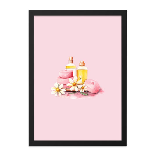 Spa Wall Art, Bathroom Decor, Pink Soap Print, Oil Bottles Artwork, Relaxing Home Art, Watercolor Painting, Floral Wall Art - Tawshia