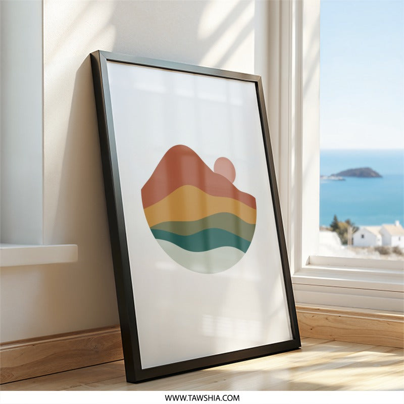 Mountain Sunset Wall Art, Minimalist Landscape Print, Boho Home Decor, Geometric Mountain Art, Abstract Sunrise Wall Decor, Modern Art - Tawshia