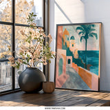 Coastal Village Wall Art, Tropical Palm Tree Print, Seaside Town Artwork, Italian Coast Scenery, Mediterranean Sea View Poster - Tawshia