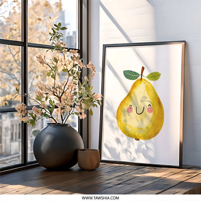Cute Pear Wall Art, Smiling Fruit Print, Playful Kitchen Decor, Nursery Art, Kids Room, Yellow Pear Illustration, Happy Pear Art - Tawshia