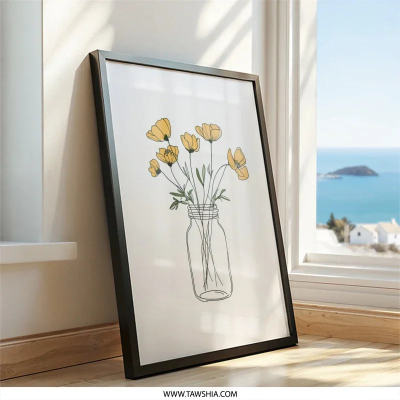 Yellow Floral Wall Art, Minimalist Flower Print, Mason Jar Artwork, Botanical Home Decor, Modern Floral Illustration - Tawshia