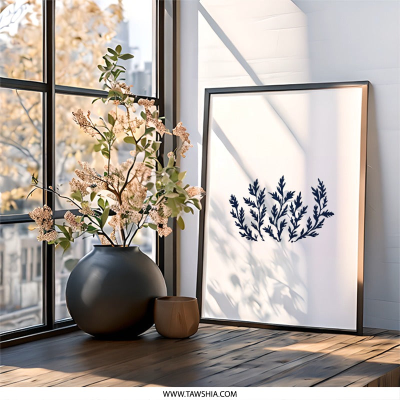 Navy Botanical Wall Art, Minimalist Fern Print, Modern Nature Art, Simple Leaf Decor, Blue Plant Illustration, Home Decor Wall Art - Tawshia