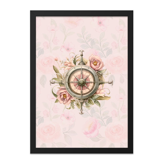 Floral Compass Framed Wall Art, Nautical Rose Print, Vintage Home Decor, Adventure Artwork, Coastal Style, Feminine Wall Hanging - Tawshia