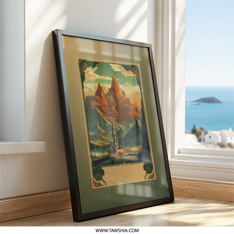 Mountain Landscape Wall Art, Mosque Art Print, Middle Eastern Decor, Architectural Scenery, Framed Artwork, Oriental Design, Home Decor - Tawshia