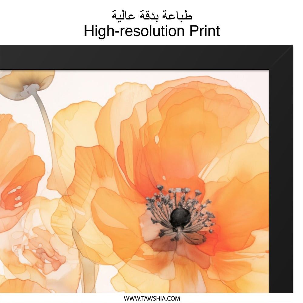 Orange Poppy Wall Art, Floral Art Print, Botanical Wall Decor, Flower Painting, Modern Home Decor, Poppy Art Print, Botanical Art - Tawshia