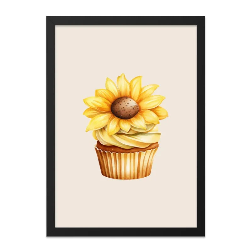 Sunflower Cupcake Wall Art, Floral Dessert Decor, Kitchen Art Print, Whimsical Home Decor, Yellow Flower Painting, Cute Food Illustration - Tawshia