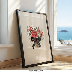 Floral Bouquet Wall Art, Rose Flower Art Print, Elegant Home Decor, Black Bow Flower, Botanical Art, Flower Arrangement, Modern Wall Decor - Tawshia