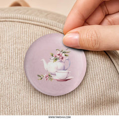 Tea Party Pinback Button, Pink Floral Teapot Button, Flower Tea Cup Pin, Elegant Button, Floral Arrangement Button, Tea Lover Gift - Tawshia