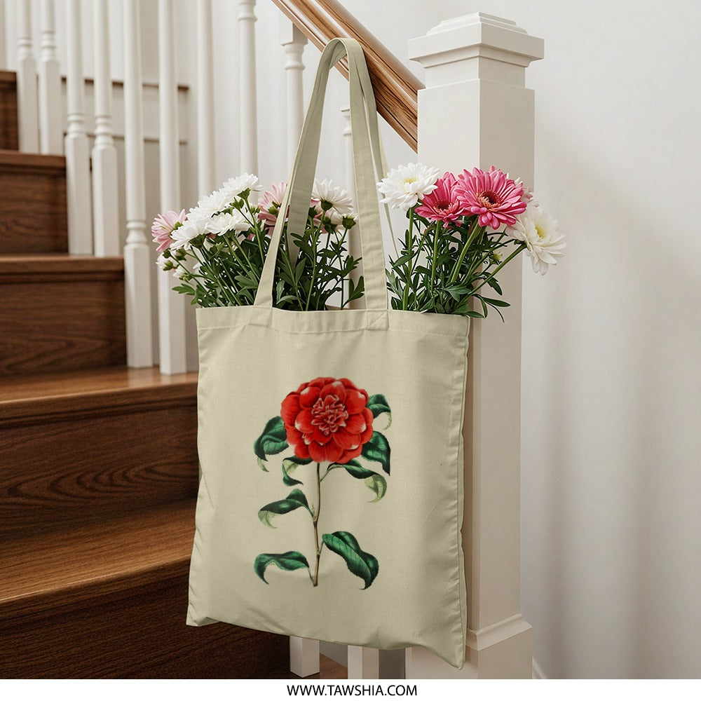 Camellia Flower Tote Bag, Red Floral Shopping Bag, Botanical Print, Aesthetic Grocery Bag, Everyday Bag, Gift Idea - Tawshia