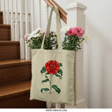 Camellia Flower Tote Bag, Red Floral Shopping Bag, Botanical Print, Aesthetic Grocery Bag, Everyday Bag, Gift Idea - Tawshia