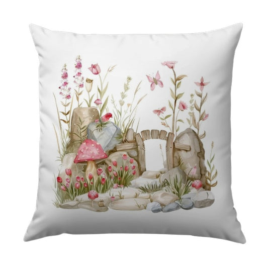 Fairy Garden Pillow, Mushroom House Pillow, Butterfly Flowers Pillow, Garden Scene Pillow, Cottagecore Decor Pillow, Home Decor Pillow - Tawshia