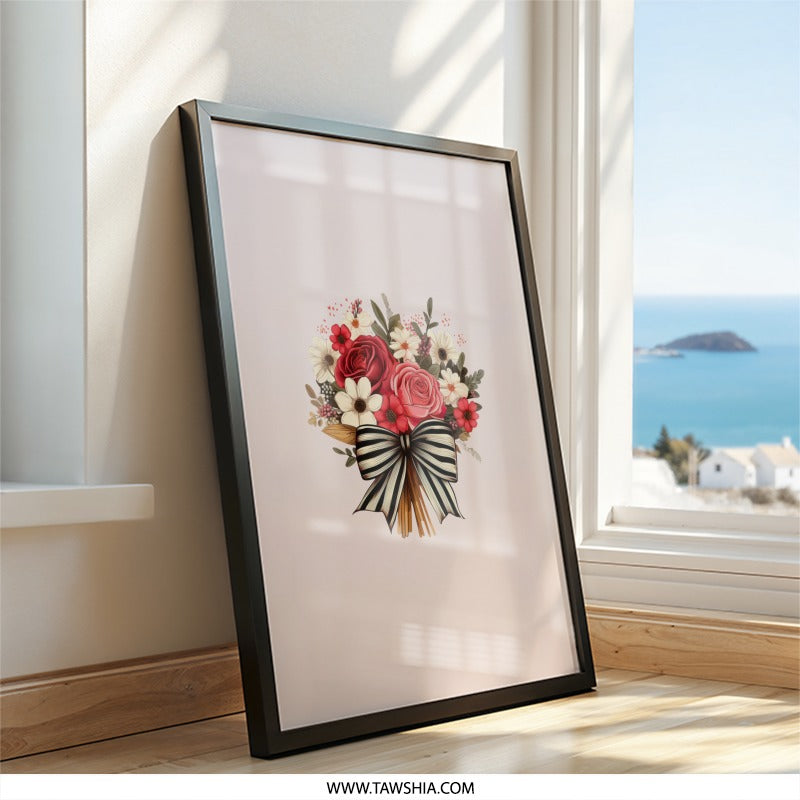 Floral Bouquet Wall Art, Roses and Daisies Print, Elegant Ribbon Decor, Feminine Art Print, Botanical Home Decor - Tawshia