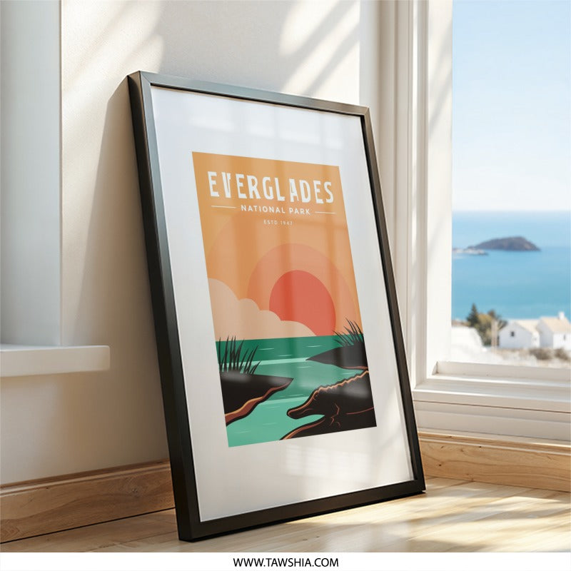 Everglades National Park Wall Art, Alligator Art Print, Sunset Landscape Print, National Park Poster, Travel Poster, Florida Decor - Tawshia