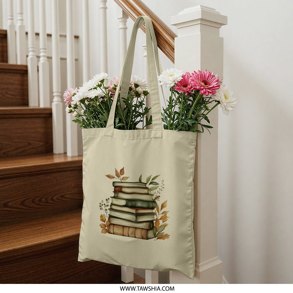 Stacked Books Tote Bag, Watercolor Book Lover Bag, Librarian Gift, Autumn Leaves Tote, Back to School Bag, Teacher Gift, Bookish Gifts - Tawshia