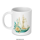 Floral Sailboat Mug, Nautical Coffee Cup, Watercolor Sailing Ship Gift, Ocean Lover Present, Unique Gift for Seafarers, Sea Theme Mug - Tawshia