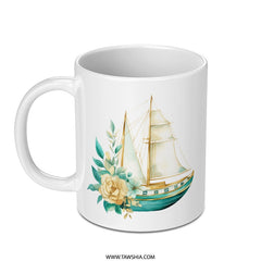 Floral Sailboat Mug, Nautical Coffee Cup, Watercolor Sailing Ship Gift, Ocean Lover Present, Unique Gift for Seafarers, Sea Theme Mug - Tawshia