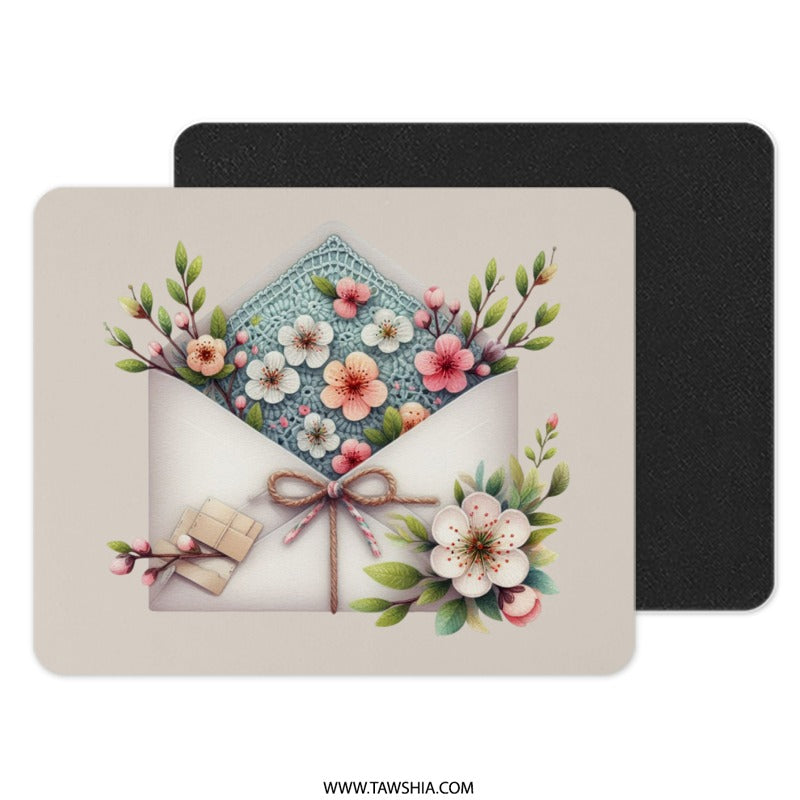 Floral Envelope Mouse Pad, Flower Mousepad, Spring Decor Desk Mat, Cute Office Decor, Letter and Blossom Mouse Pad, Work From Home Gift - Tawshia