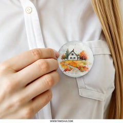 Watercolor House Pinback Button, Country Home Button, Autumn Landscape Button, Rustic House Pin, Cozy Home Art, Farmhouse Chic Badge - Tawshia