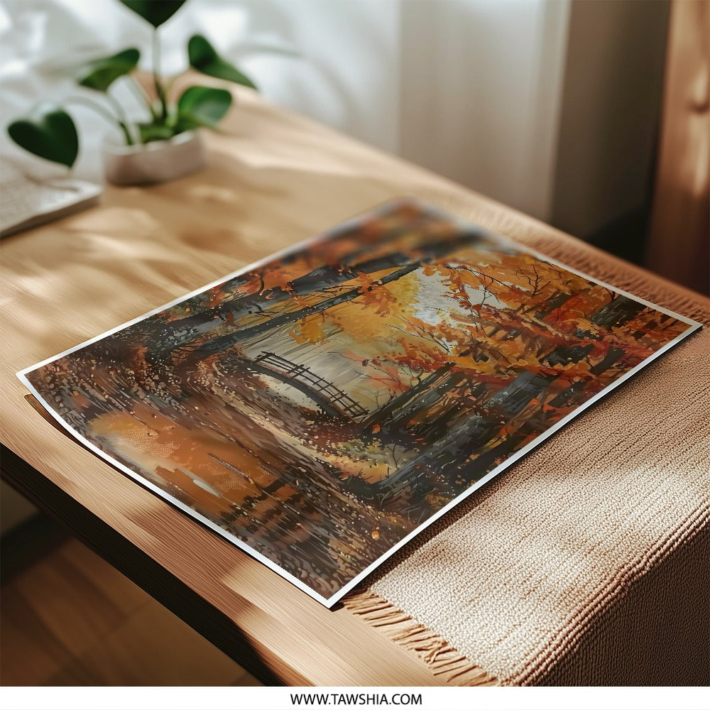 Autumn Forest Photographic Print, Fall Foliage Art, Bridge Over Stream, Nature Wall Decor, Landscape Photo Print - Tawshia
