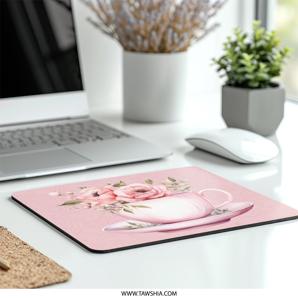 Tea Cup MousePad, Floral Mouse Pad, Pink Flowers Mousepad, Feminine Desk Decor, Girly Office Accessories, Cute Mousepad Gift Idea - Tawshia