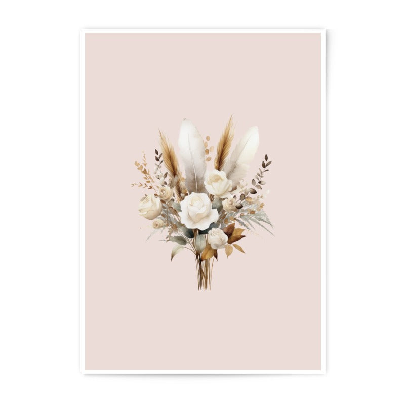 Boho Floral Photographic Prints, Rose and Feather Bouquet Art, Neutral Tone Wall Decor, Botanical Print, Flower Photography, Home Decor - Tawshia